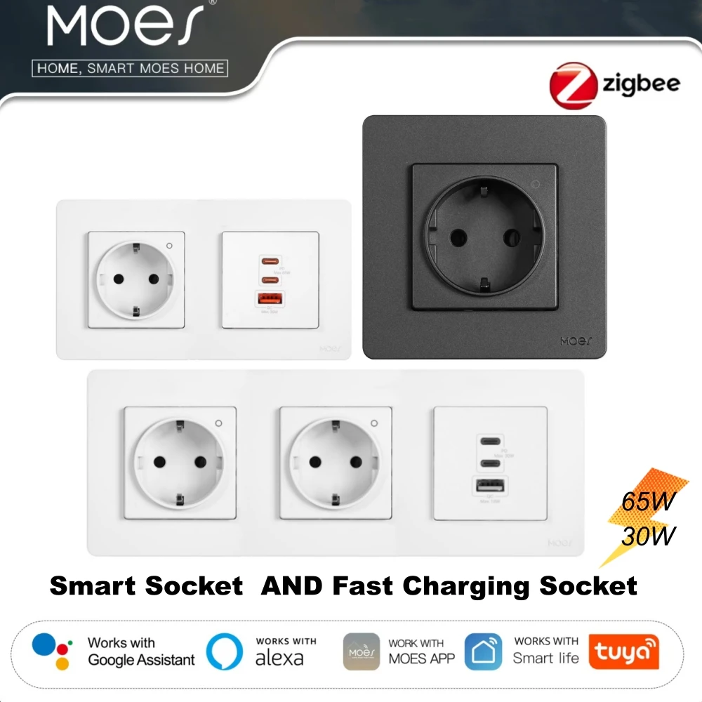 

TUYA STAR RING ZigBee Smart EU Socket 30W/65W Fast Charging PD3.0 Wall Electrical Outlet Charger GaN Socket 3 Ports Type-C USB A