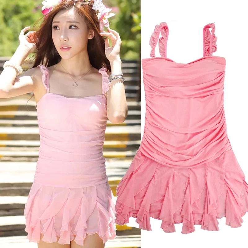 Women Sexy One Piece Swimsuit Ruffle Strappy Ribbed Padded Swimwear Tummy Control Chiffon Bathing Suits Pink M L XL