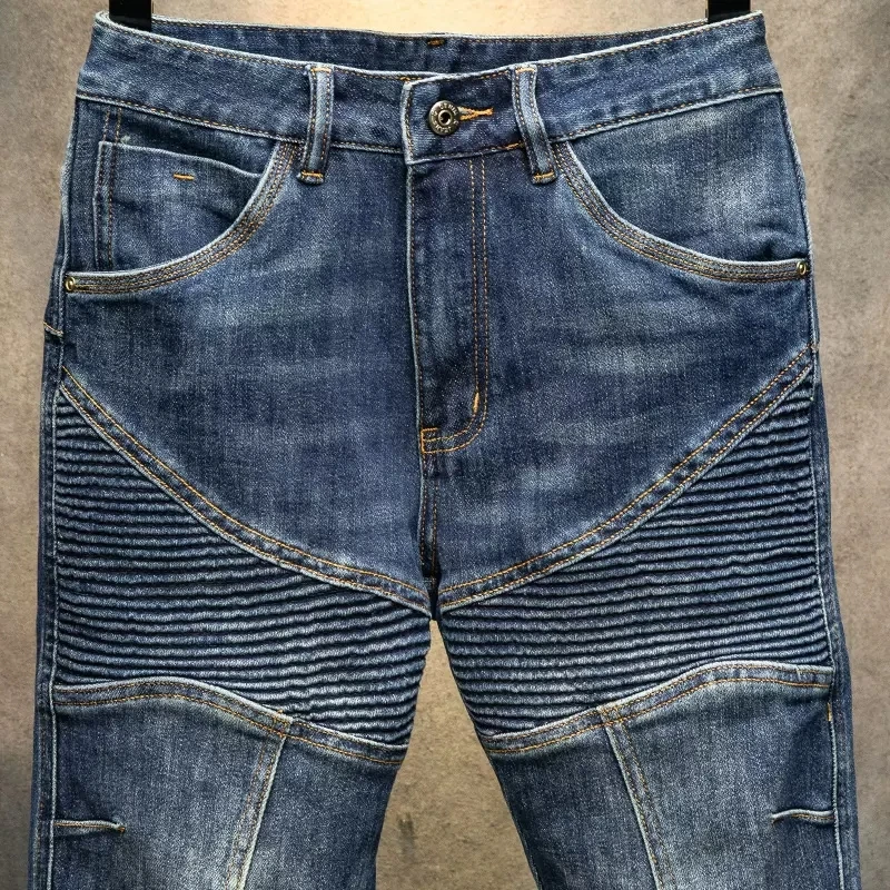 Street Fashion Men Jeans Retro Blue Spliced Designer Elastic Skinny Biker Jeans Men Punk Trousers Patched Hip Hop Denim Pants