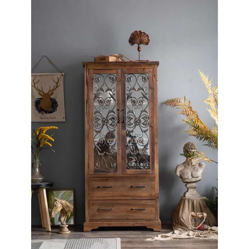 

American retro wrought iron carved porch cabinet solid wood glass wall display cabinet high cabinet living room small vertical c