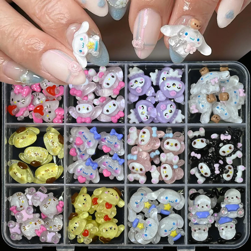 

12Grids/Box 3D Translucent Hello Kitty Kuromi My Melody Nail Art Charms Mixed Cartoon Character Resin Nail Decor Summer NailPart