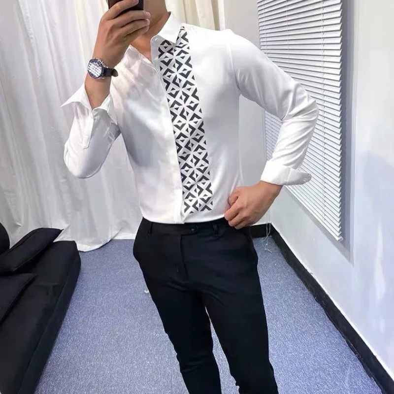 Spring Autumn Printed Blouse Men\'s Clothing Casual Korean Style Cardigan All Match Loose Harajuku Polo Neck Long Sleeve Shirts