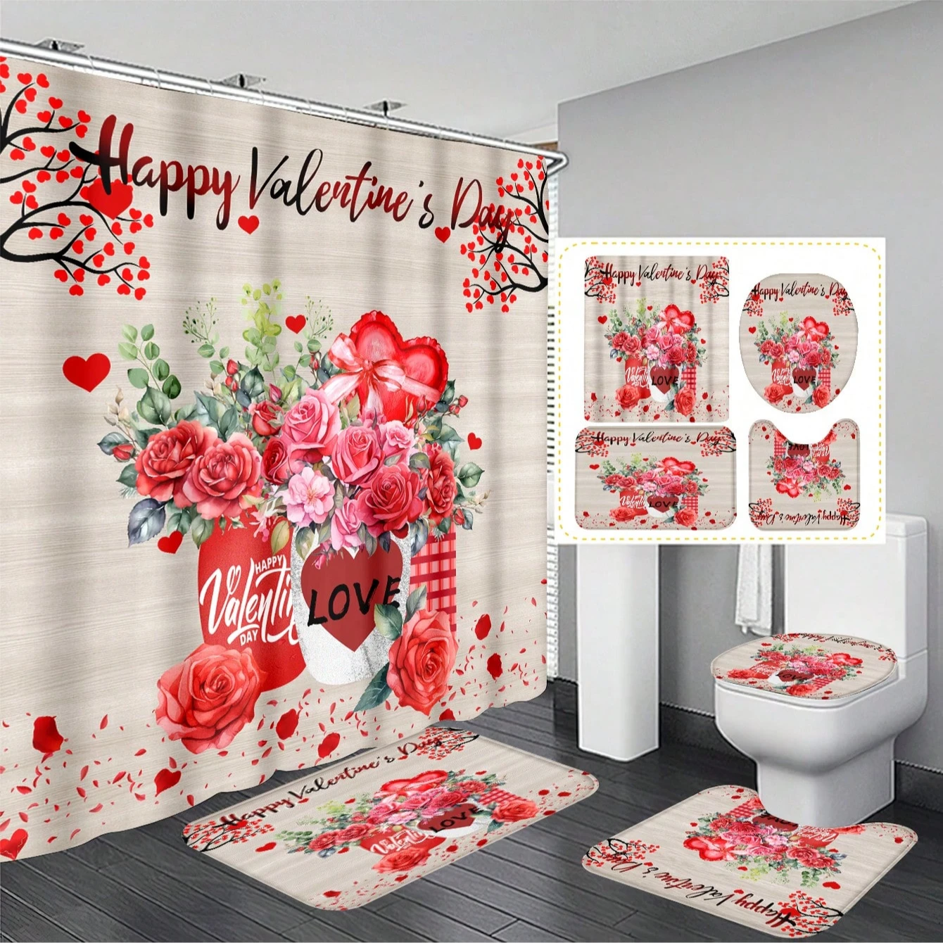 4pcs Valentine's Day Themed Bathroom Set, Including Shower Curtain,Rose, Balloons, Love, Farmhouse Bathroom Decor