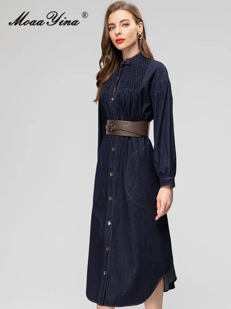 MoaaYina Winter Fashion Runway Dark Blue Vintage Denim Trench Coat Women Stand Collar Button Sashes Pocket Slim Long Trench Coat