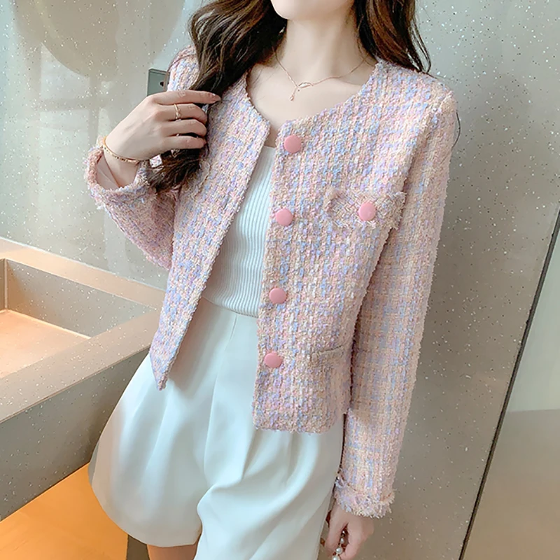 HELIAR Women Elegant Jacket Pink Tweed Buttons Up Cardigan Coat Female Long Sleeve Tassel Office Outerwear Autumn Winter