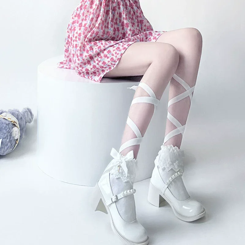 Lolita Girls Jk Dopamine Cross Bow Calzini in pizzo con cinturino fai-da-te Ins Calzini a tubo basso Kawaii estivi stile balletto alla moda