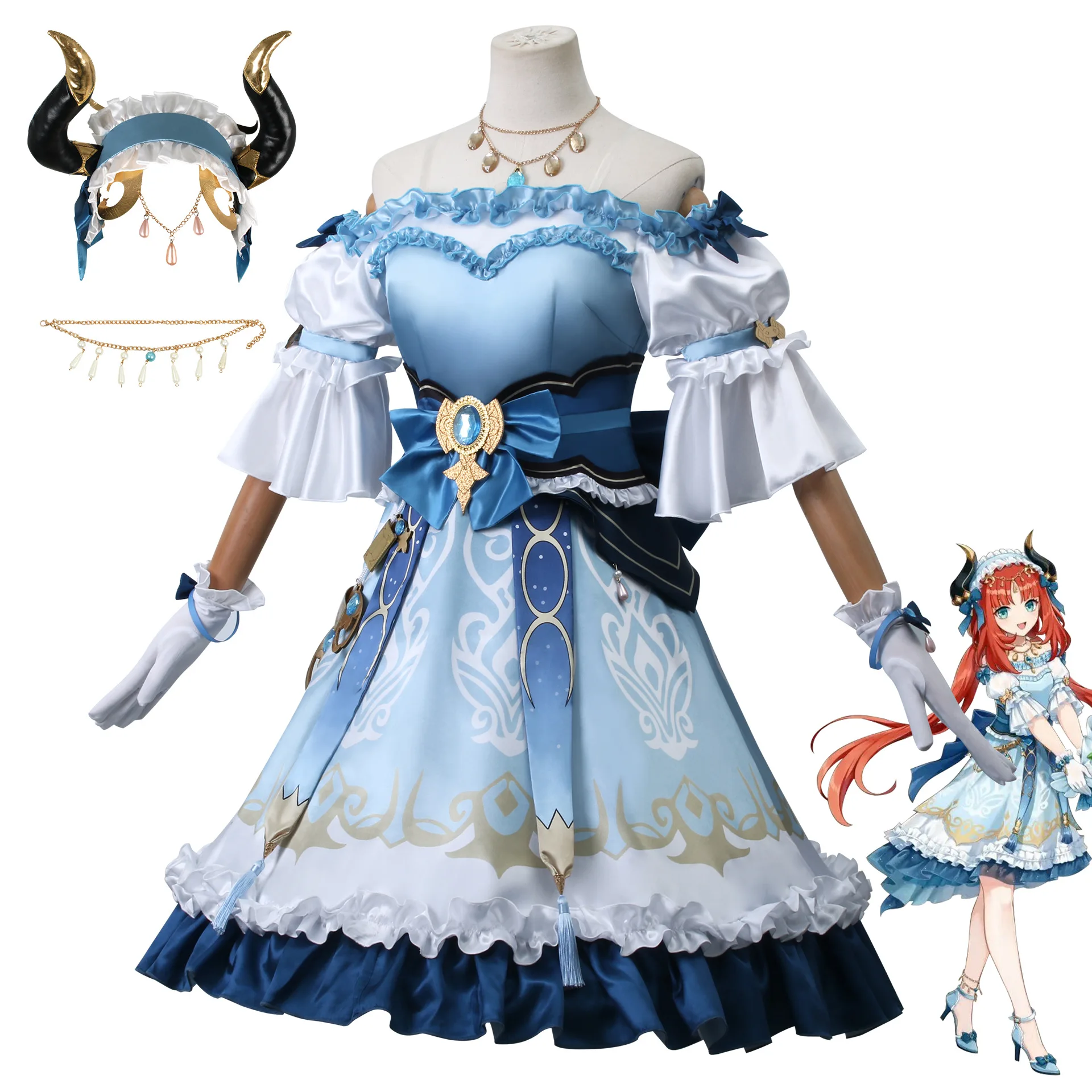 Nilu Japanese clothing collaboration role-playing full set of blue and white pleated dresses, anime game characters, Halloween view 2