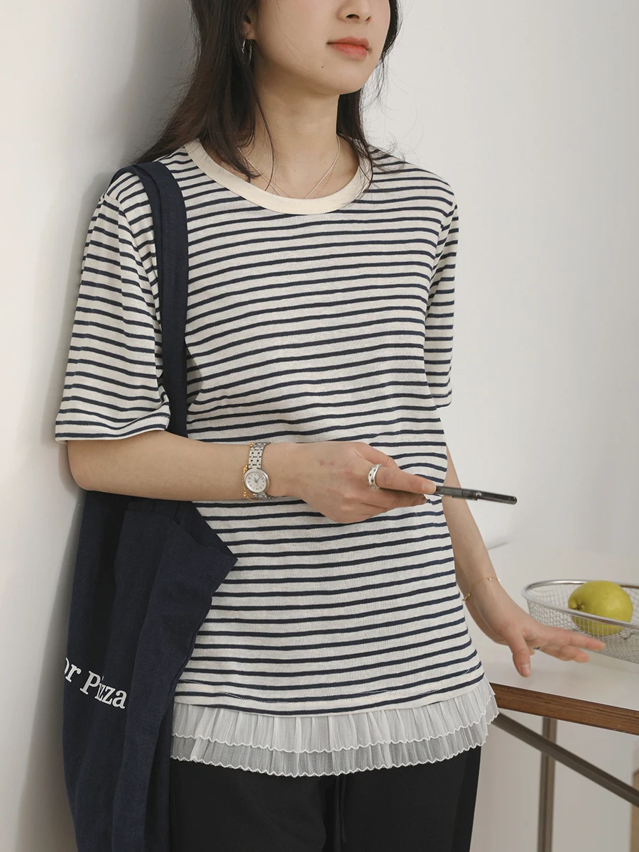 

Новая женская летняя футболка свободного кроя с круглым вырезом, в полоску, с кружевной отделкой, универсальная, модная, в стиле T-shirt.