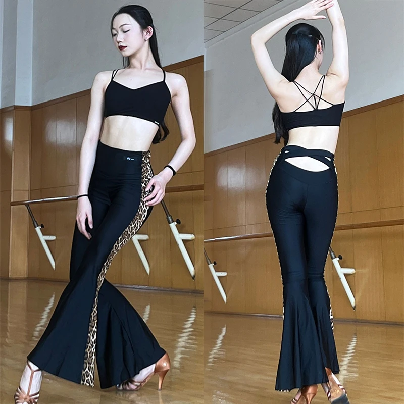 Black Leopard Latin Dance Pants Women Sexy Cutout Waist Cha Cha Rumba Ballroom Dance Practice Clothing Latin Trousers DNV20237