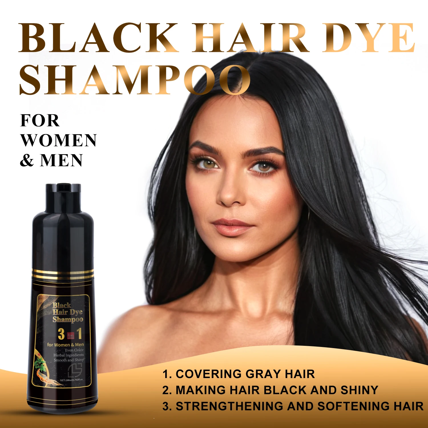 3 in 1 Black Hair Darkening Shampoo for Gray Hair 200ML Fast Effective Repair Whtie Gray White Color Dye To Natural Hair