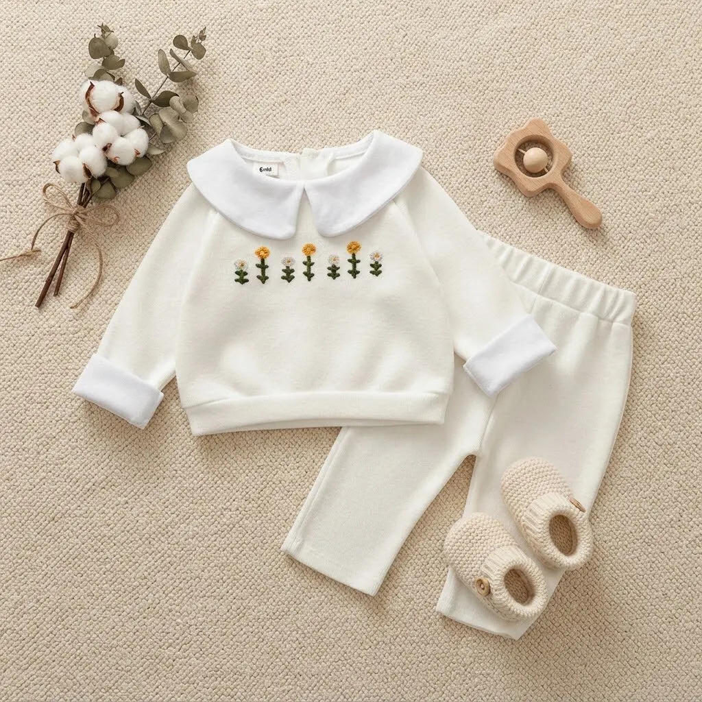 Baby Girl 2Pcs Outfit Peter Pan Collar Floral Embroidery Long Sleeve Top + Solid Pants Toddler Sweet Cotton Clothing Set