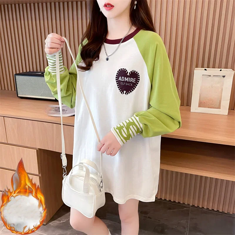 autumn Winter casual oversized T-shirts multicolor patchwork Thicken women Long Sleeve Tee shirt warm Velvet y2k Tops streetwear