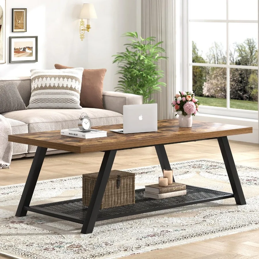 Mesa de centro industrial de madeira e metal de 47 polegadas, mesa de sala de estar com prateleira de armazenamento, mesa central retangular, marrom rústico