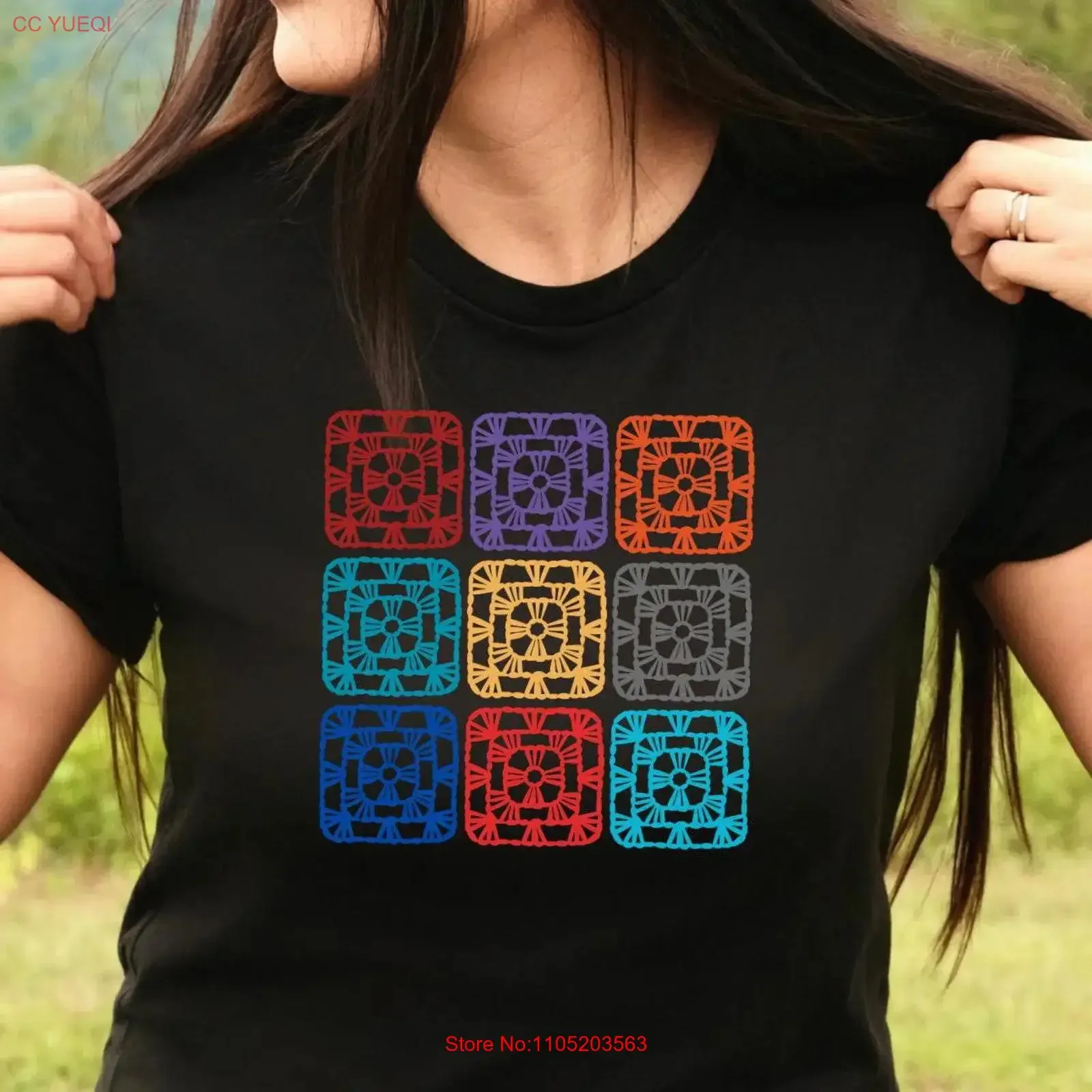 Colorful crochet granny squares T shirt cotton Crafter gift Fiber art present Crocheter vintage Washed fashion Comfortable