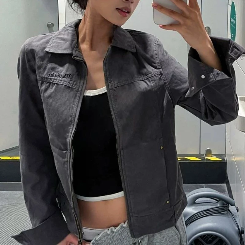 

2025 винтажная стильная рабочая одежда с лацканами и буквенным принтом для женщин, новая облегающая куртка для похудения, топ