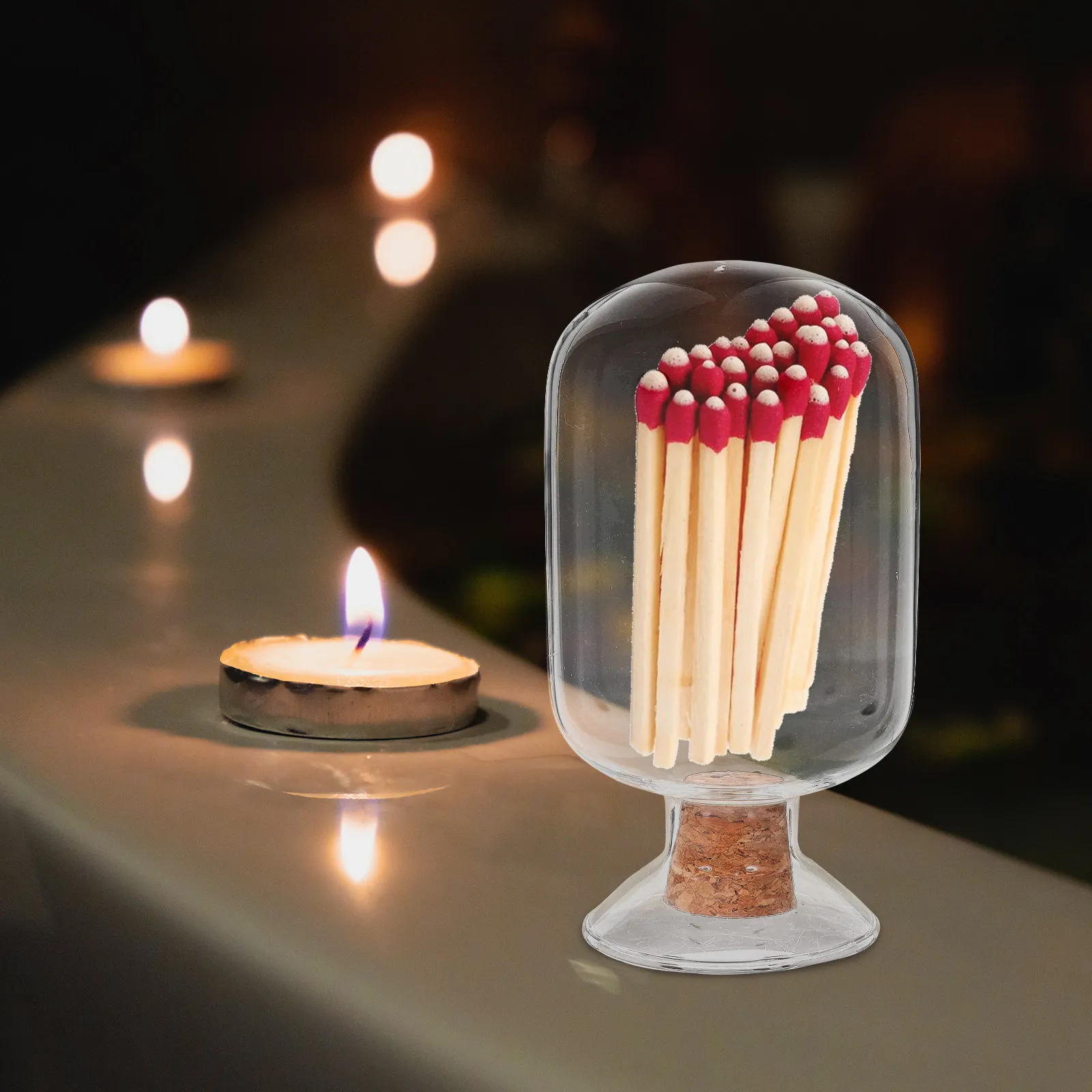 Glass Match Jar Transparent Storage Holder Decorative Match Container Glass Bottle Wooden Stopper for Home Decor Housewarming