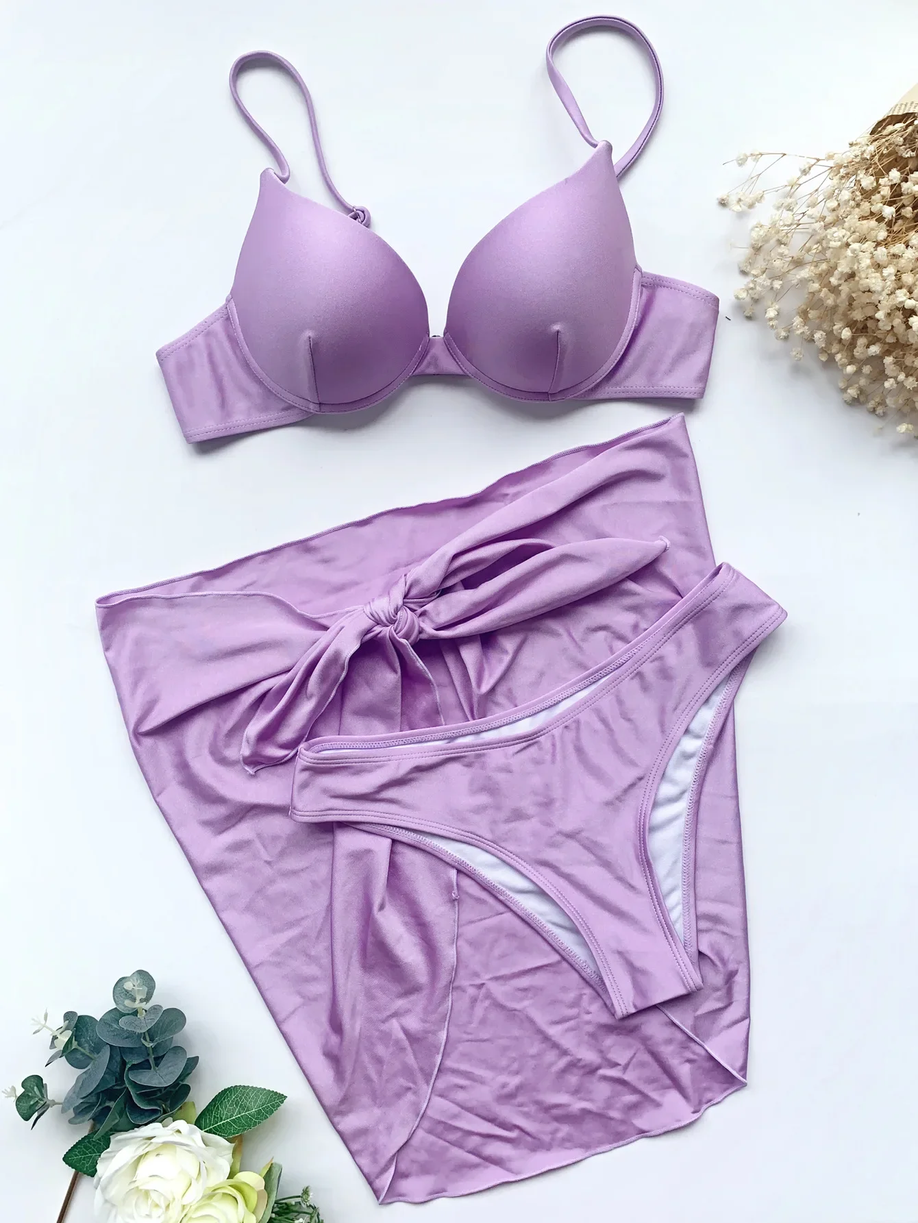 Bikini da donna con ferretto push up solido set tre pezzi con gonna di copertura costume da bagno costume da bagno abiti da spiaggia biquini tankini