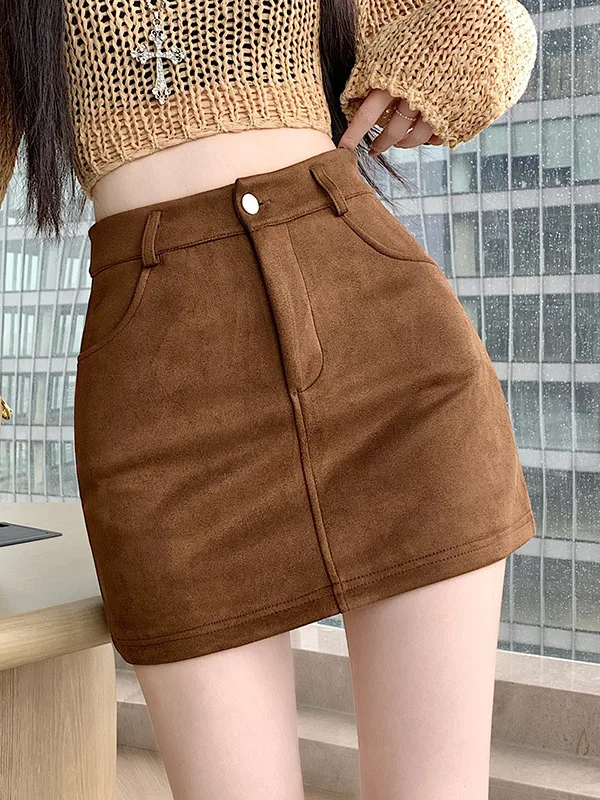 Retro Brown Suede  Skirt Women's Autumn Winter High Waist Slim A-Line Short Skirt Commute Style Padded Inner 