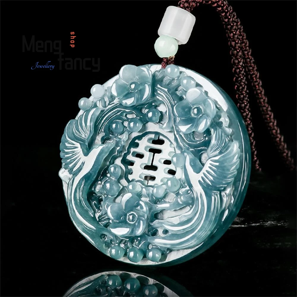Exquisite Natural A-goods Jadeite Blue Water Double Happiness Magpie Pendant Ice Jade High-grade Fashion Luxury Quality Jewelry