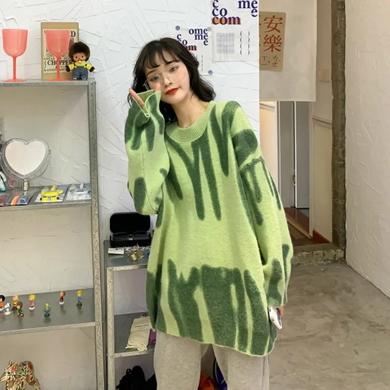 Suéter a rayas verdes de Corea para mujer, suéter con estampado de rayas verdes Kawaii, cuello redondo, suelto, manga larga, ropa de calle, ropa de abrigo cálida, Invierno