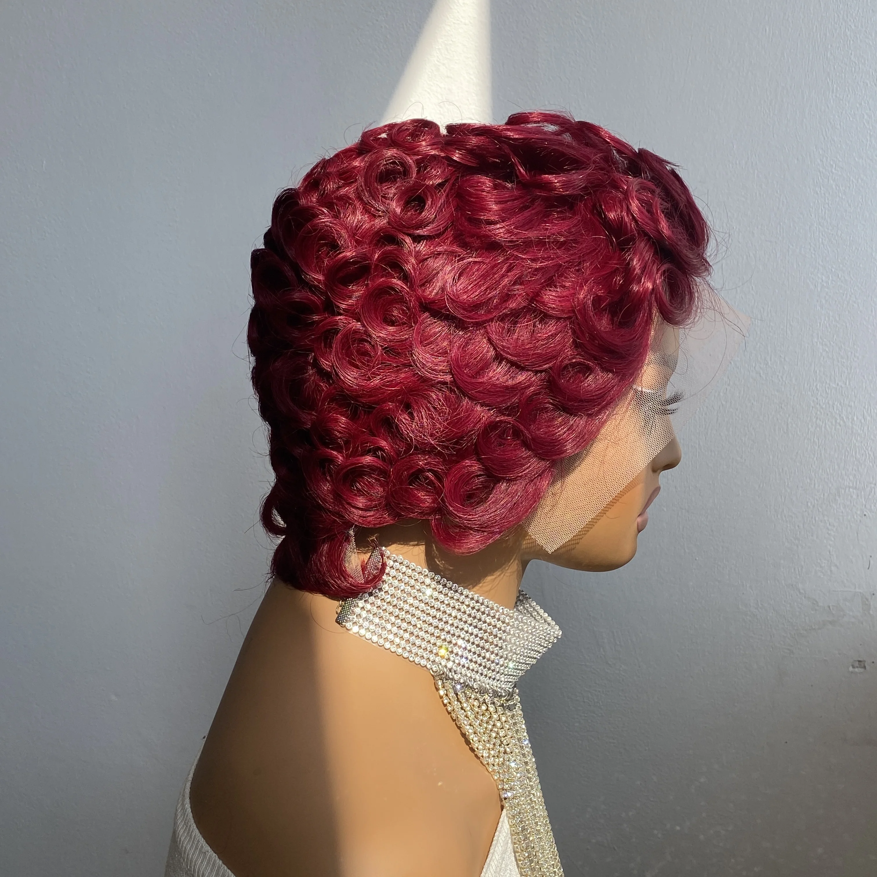 Peruca de Cabelo Humano Remy com Renda Transparente 13x4, Corte Pixie Ondulado, Tiwa Ondulado, Chioma Ondulado, Borgonha 99J