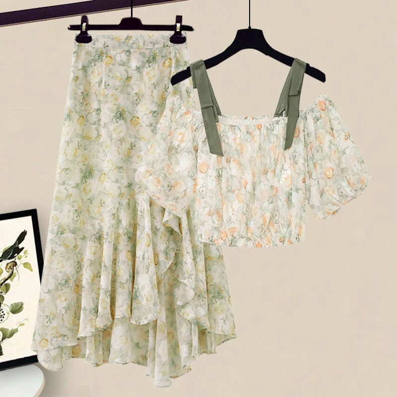 

Oversized Summer Women's Clothing Set 2024 New Puff Sleeve Suspender Short Sleeved Hight Waist Slim Floral Skirt Two-Piece Suit