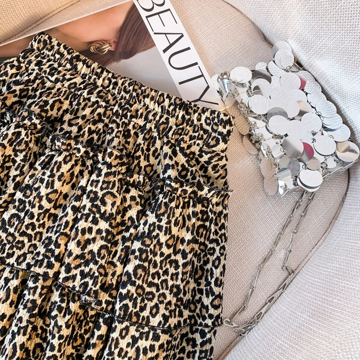 

Pleated Mini Skirts Women Summer Sexy Ladies Leopard Elastic Waist All-match Streetwear Korean Style Temperament Attractive Ins