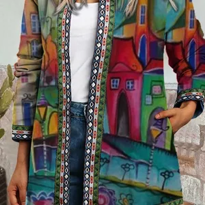 Herbst Winterfarbe Fashion Boho Blumendruck Offene vordere lässige lässige lockere Langarmjacke mit langem Ärmel 10 Hauptverkaufsmantel Major Early Floral - №3