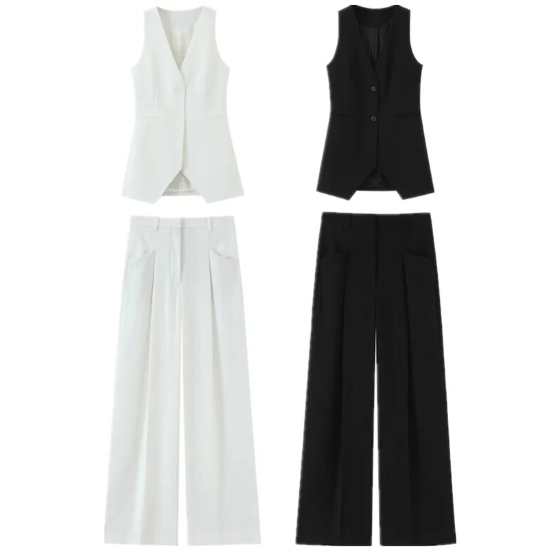 슬림핏 조끼 하이웨이스트 팬츠 민소매 브이넥 신상 가을 여성 패션 세트 3피스 롱 팬츠 버튼 스타일