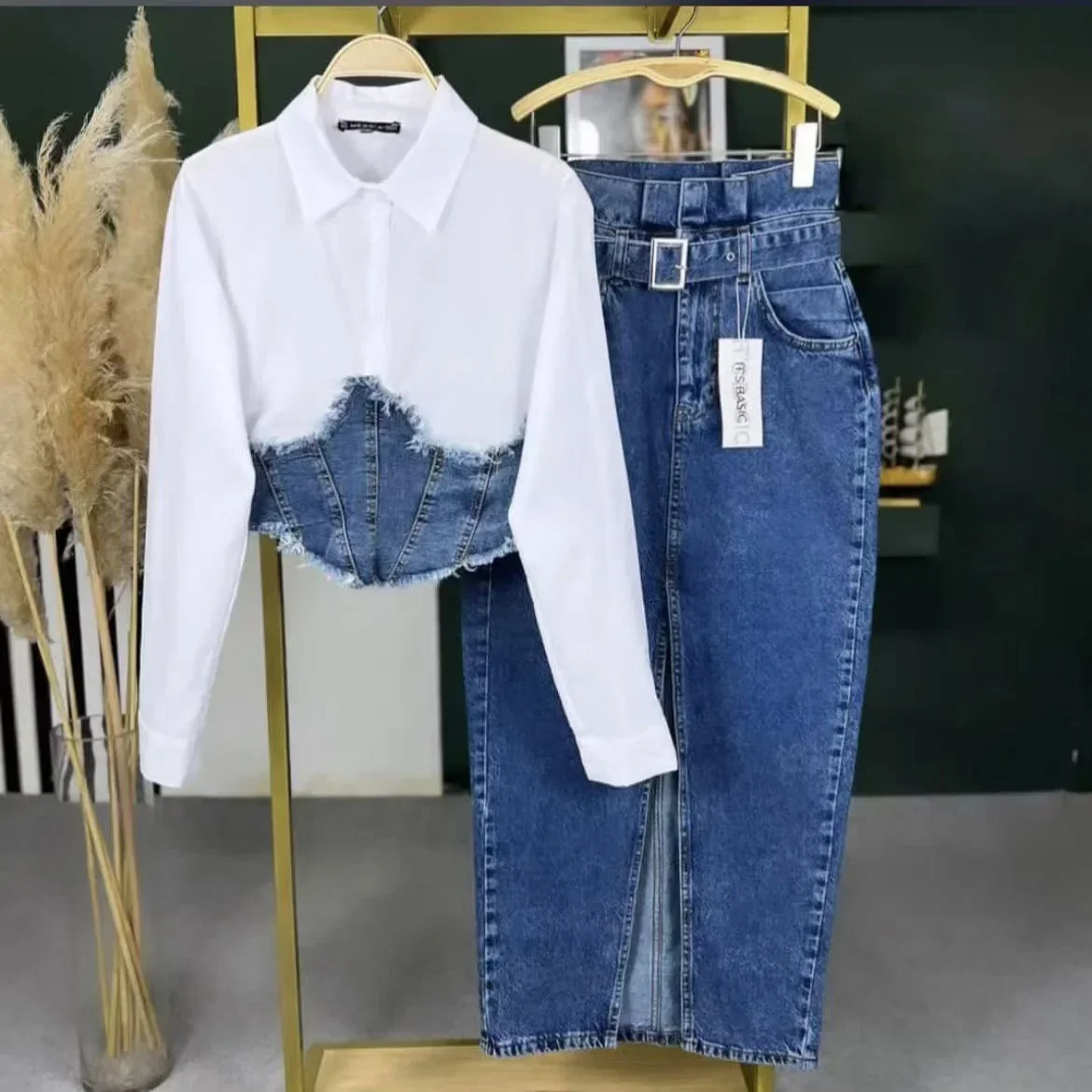 

Denim Skirt Suit Women 2 Piece Sets Shirt Patchwork Turn Down Collar Belt Pockets Overshirt Straight Skirts Distressed Outfits