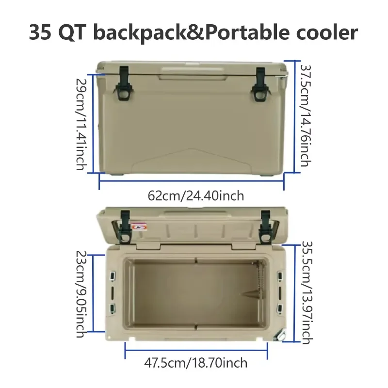 35QT Professional Square Rotomolded Cooler Waterproof Heat Insulation Keeps Cold 5 Days for Outdoor Camping Food Delivery