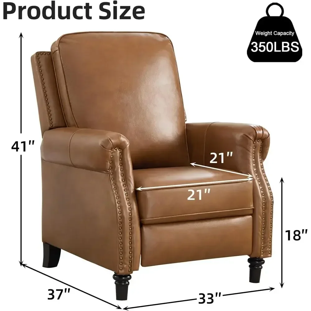 Brown Genuine Leather Pushback Reclining Chair Set of 2 with Padded Seats and Wingback Design for Living Room