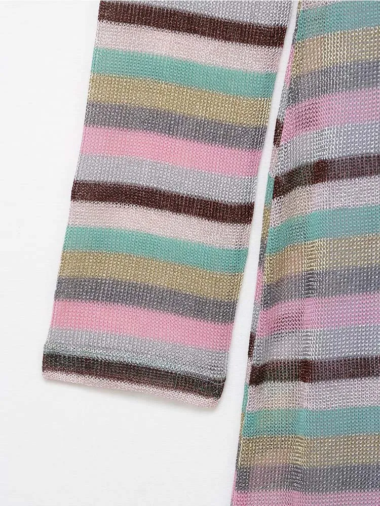 2025 chique elegante moda manga comprida em torno do pescoço listra luz e fino vestido longo feminino verão vestidos de festa à noite