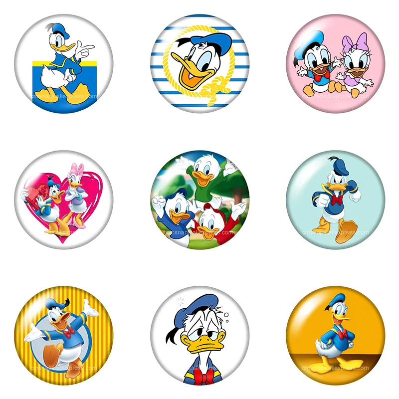 Cartoon Donald Duck and Daisy Cute 10pcs Round 12mm/18mm/20mm photo glass cabochon flat back making Findings for Necklace