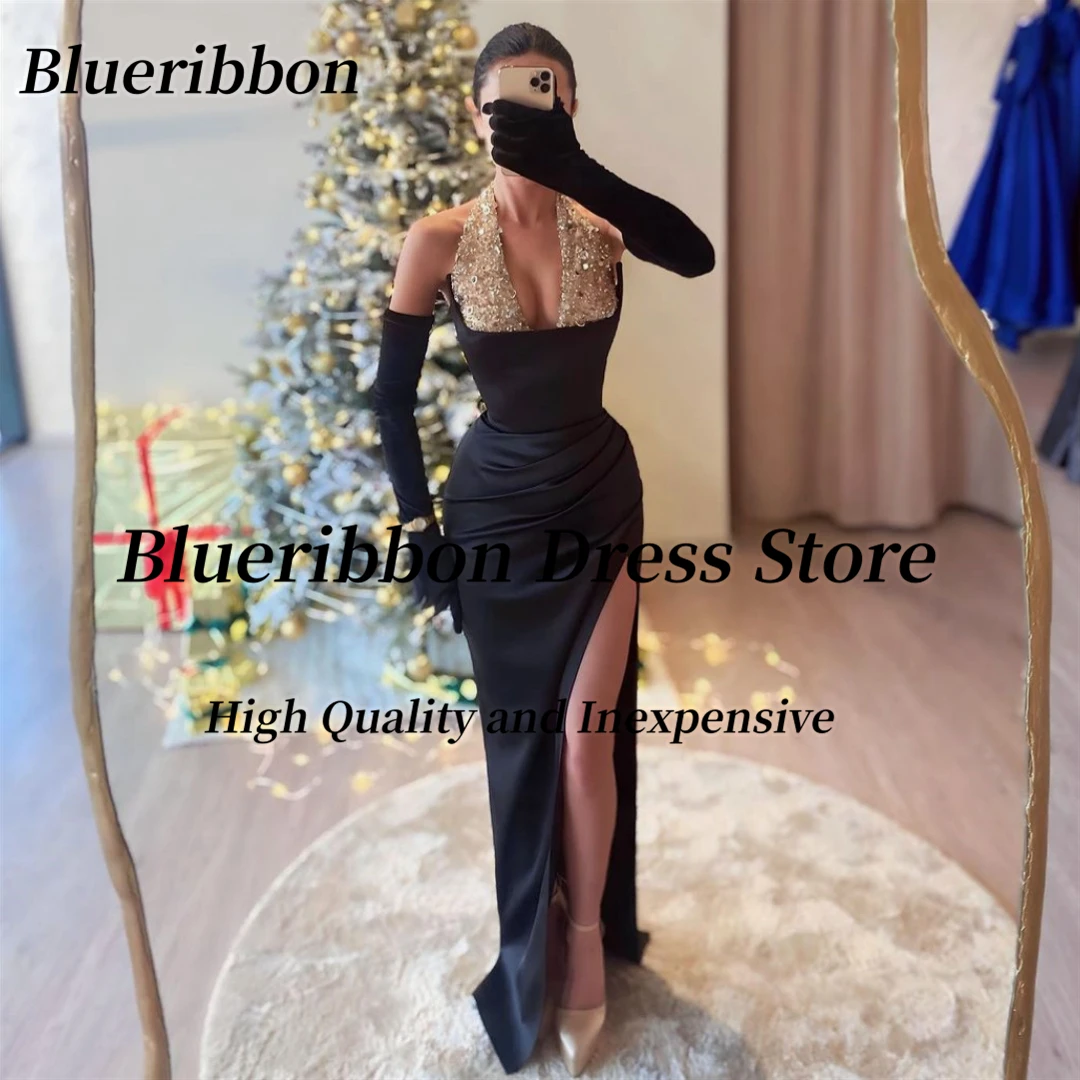 

Blueribbon High Side Slit Black Prom Dresses Sexy Halter Neck Robe Des Cocktail Party Women Wear Special Banquet Evening Gowns