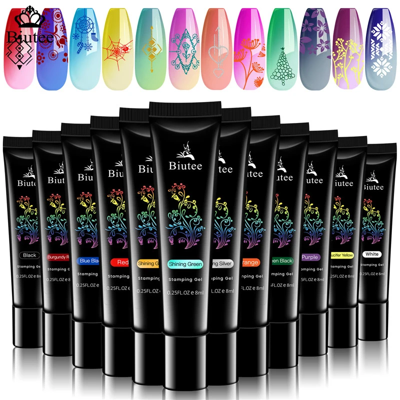 BIUTEE Nail Stamping Gel Polish Set 12 Colors Templates Stamp Print Oil UV Gel Varnish Soak Off Nail Art Kit Stamping Plate Tool