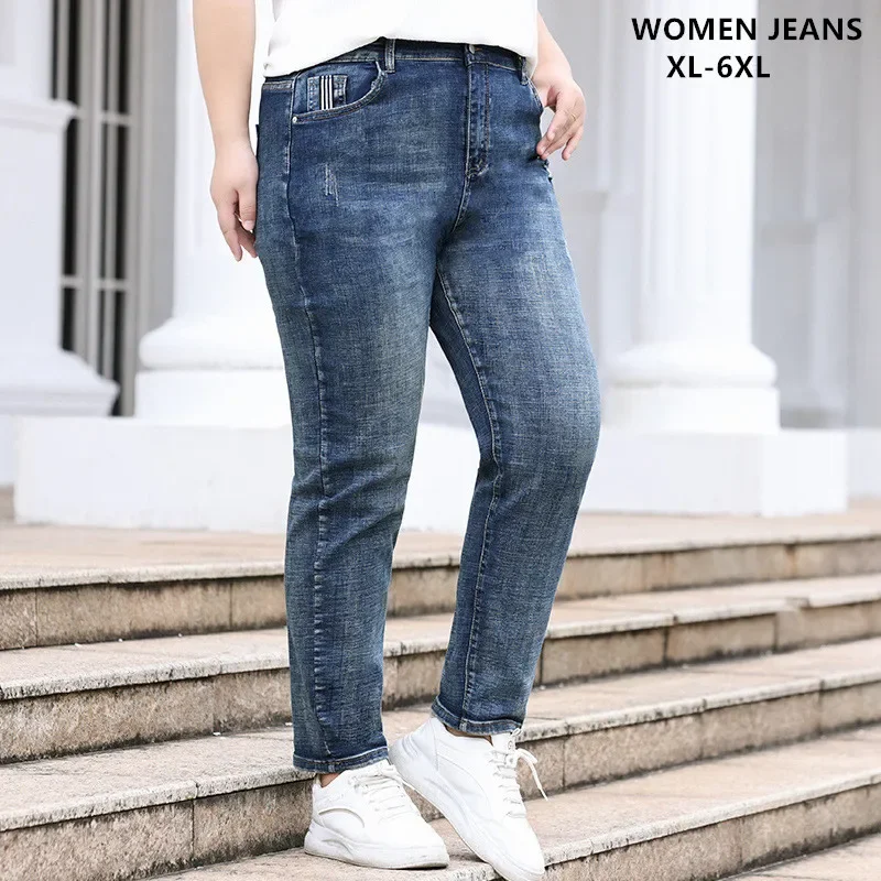 

Women Jeans Scratched Plus Size 5XL 6XL Loose Female High Waist 110KG Stretched Denim Trousers Girls Elastic Large Pencil Pants