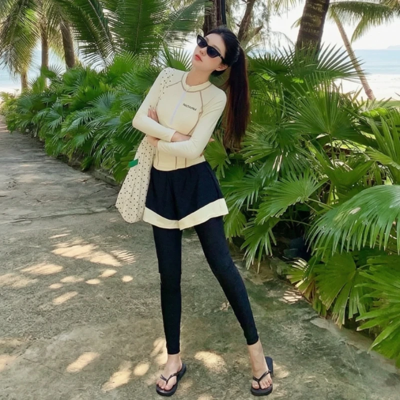 Teen Women Three Piece Swimsuit Long Sleeve Pants Sun Protection Conservative Slim Casual Beach Outdoor Swimming Bathing Suit