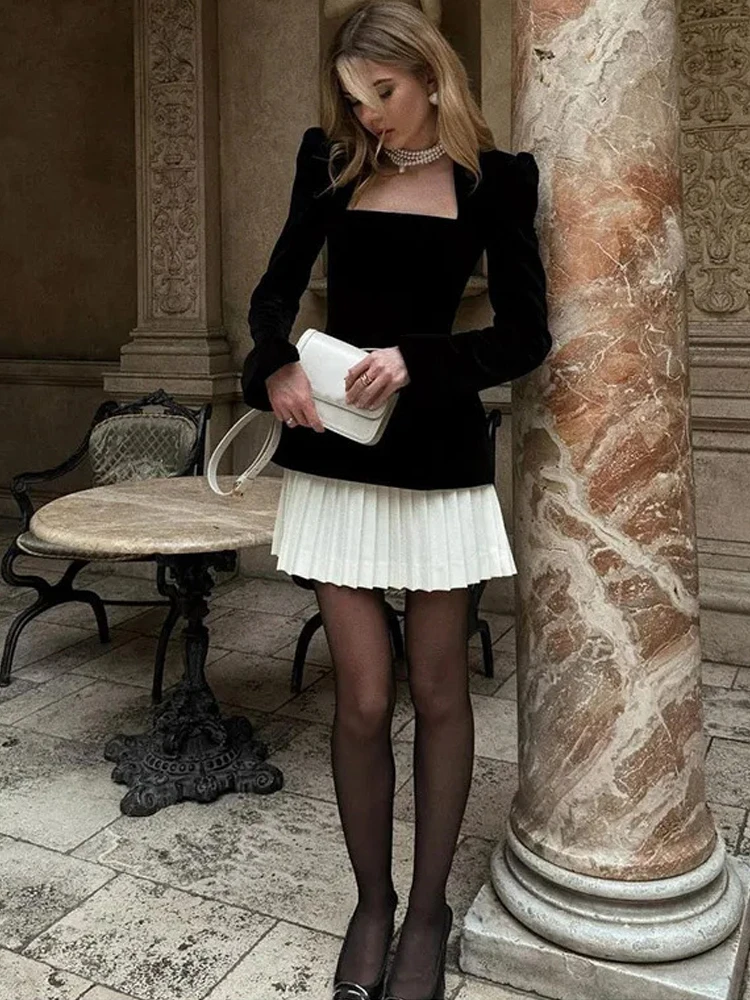 BKQU Elegant Velvet Pleated Skirt Suit Women Chic Square Neck Slim Long Sleeve Top White Mini Skirts Matching Party Gown Outfits