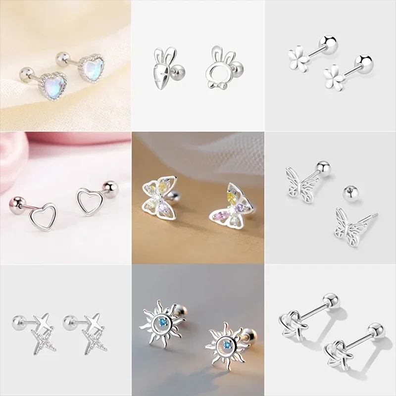 Koreański 925 srebrna igła przekłucie tragus Helix szpilki kolczyki dla kobiet 2 szt. Motyl serce modny przekłuwanie uszu biżuteria do ciała
