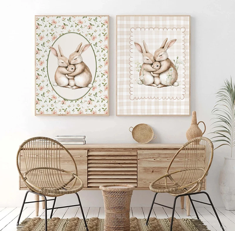 Antique Family Mom and 2 Kids Rabbit Illustration Poster Vintage Bunny Canvas Painting Print Nursery Farmhouse Room Home 