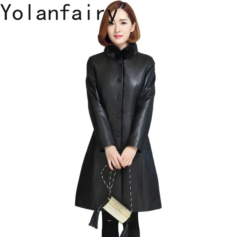 YOLANFAIRY 2025 Herbst Winter Echt Schaffell Echtes Leder Jacke Frauen Mid-länge Pelzmantel Nerz Pelz Liner Graben mäntel Schlank