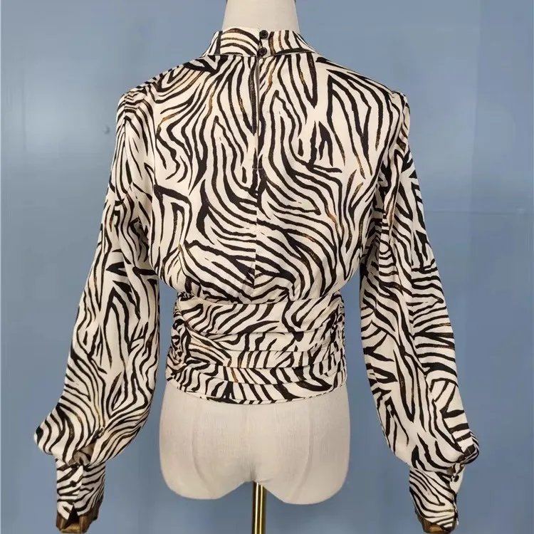 Elegancka, gładka tkanina, wysokiej jakości stójka, wzór zebry, rękaw typu latarnia, bluzka damska premium, wysoka jakość, transgraniczna...