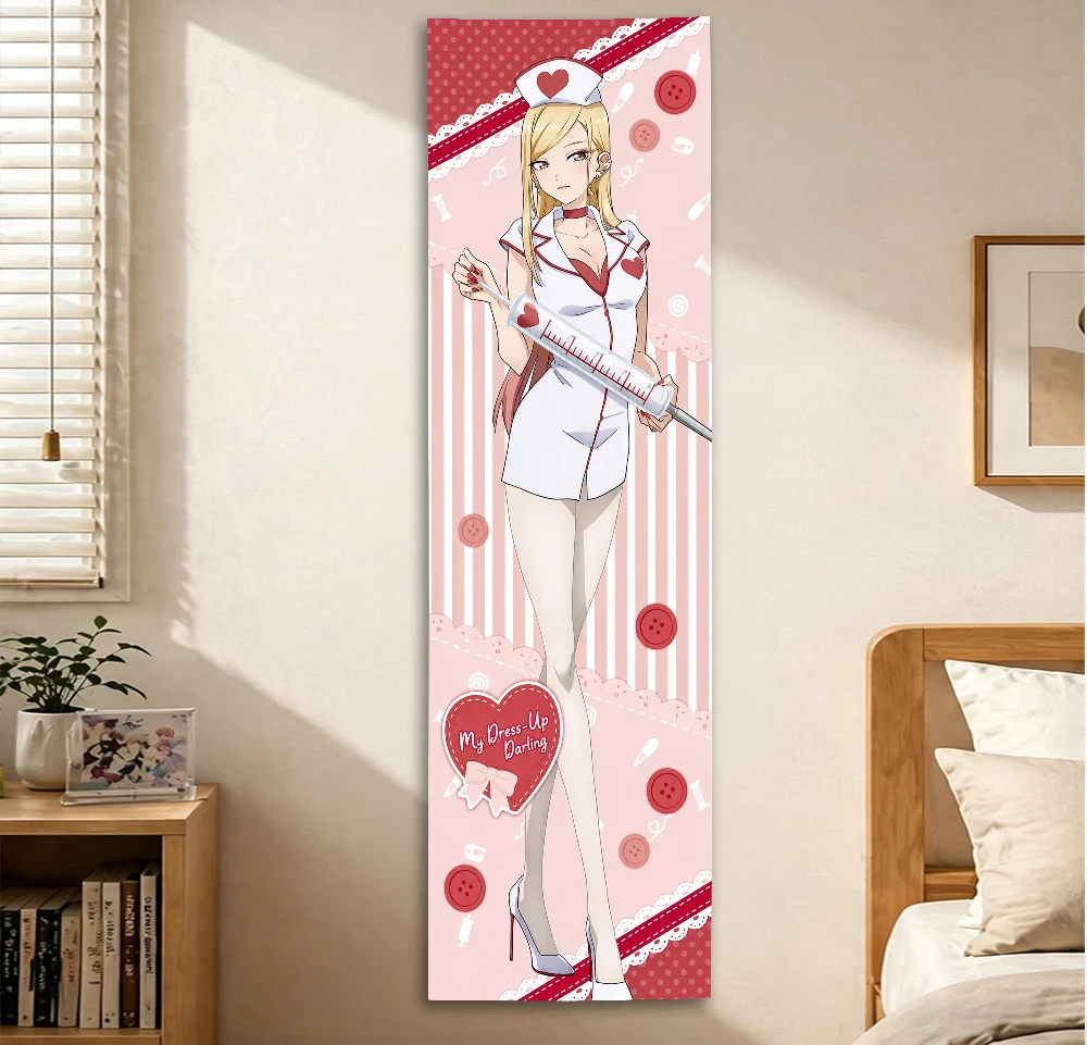 My D-Dress-Up Darling Marin Kitagawa Nurse Tapestry, Anime Wall Hanging, Pink Background Cloth for Bedroom Dorm Decor