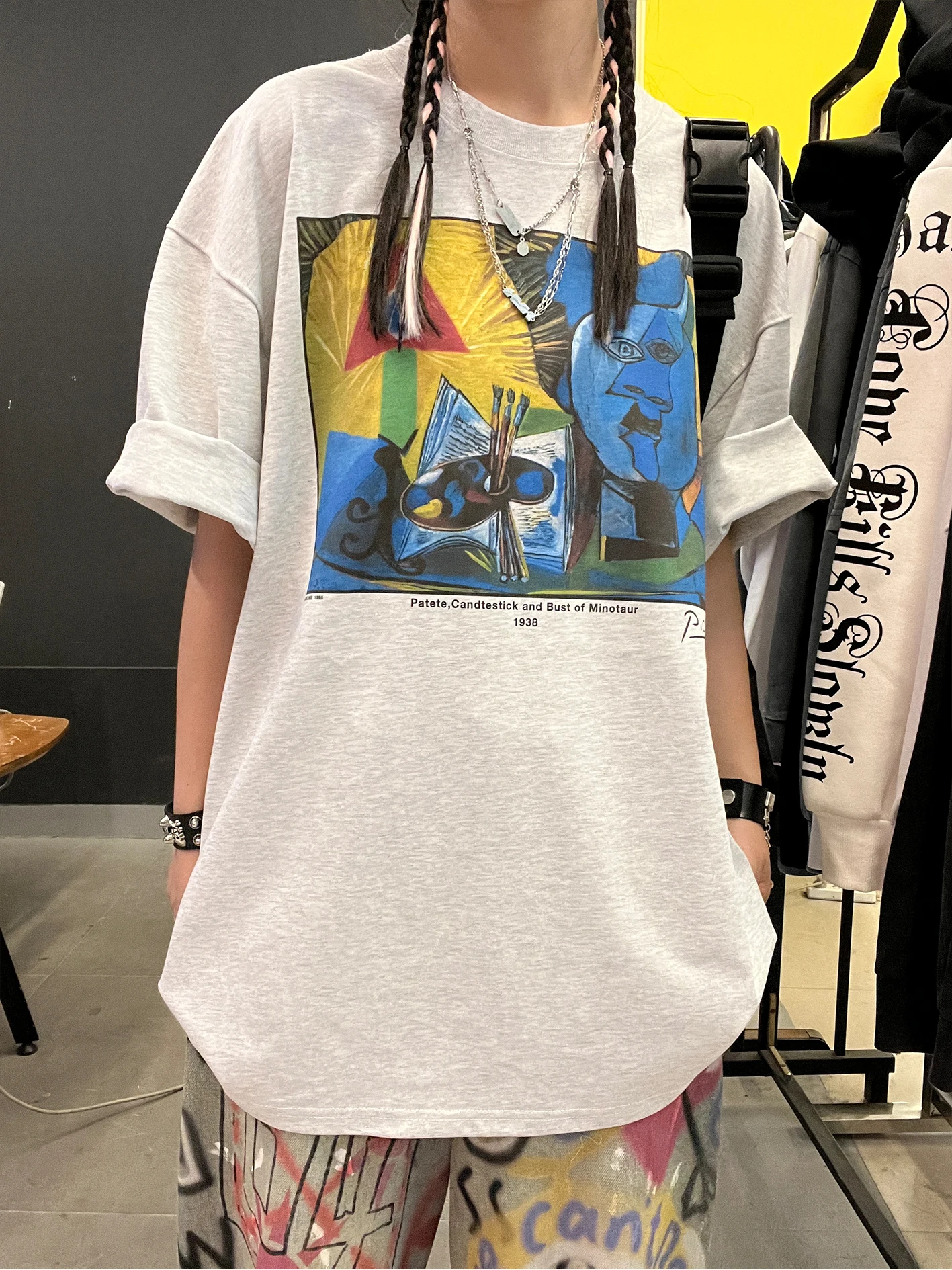 Heavyweight 260G Retro American Style Short Sleeve T-Shirt Oil Painting Design Ladies Cotton Spandex Blend Summer Top
