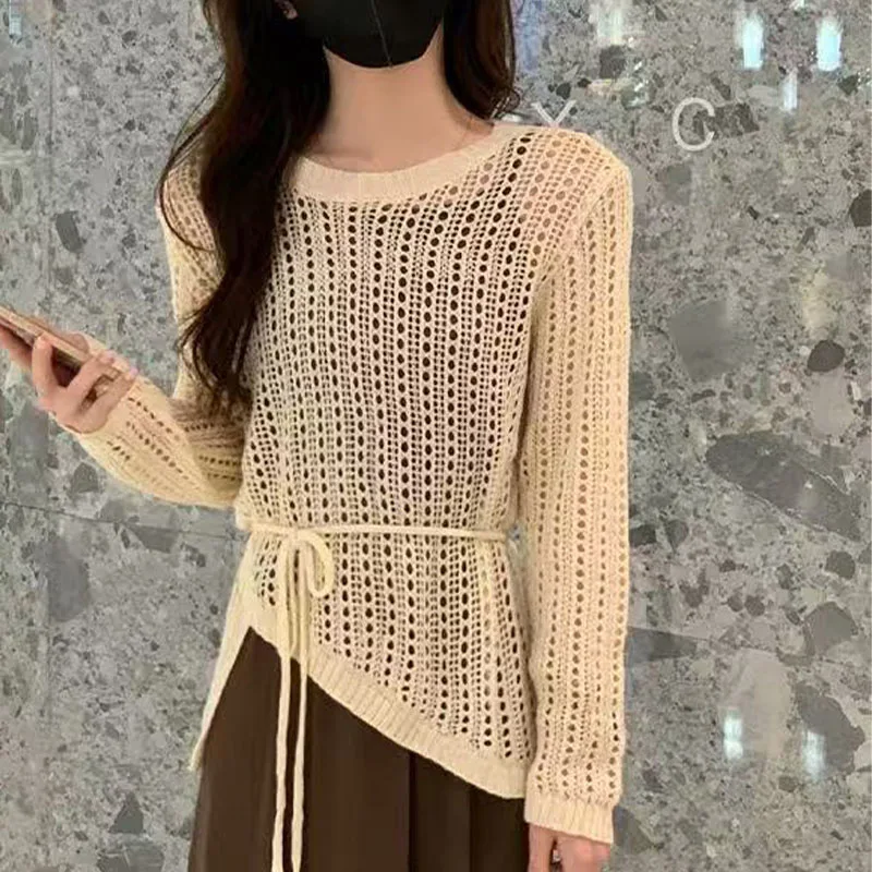 Summer New Hollow Long-Sleeved Sweater Women's Thin Waist Slim Sunscreen Blouse Irregular Loose Top
