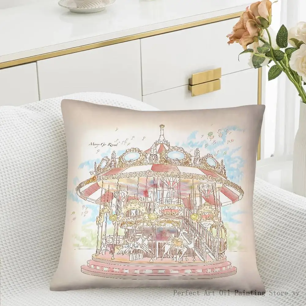 Pastel Circus Carousel Pillow Case Fashion Square Pillowcase Bedroom Sofa Room Ins Decoration Leisure