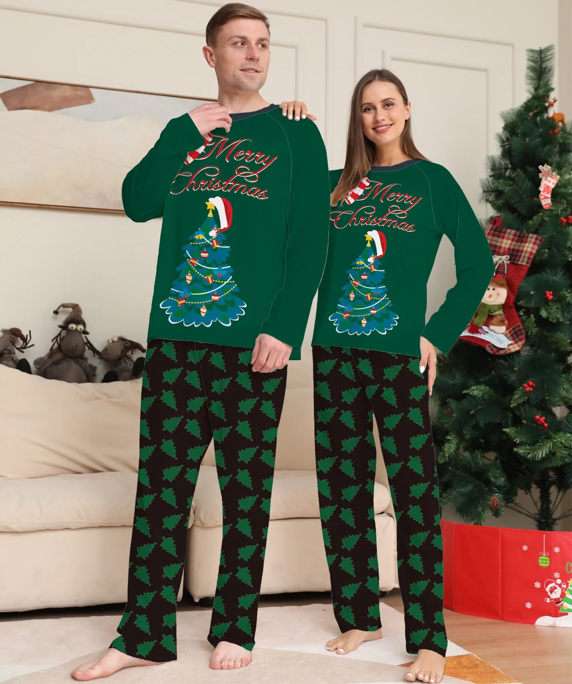 Merry Christmas Santa Tree Print Pajamas Set Couples Children Matching Outfits Soft Full Sleeve Sleepwear Xmas Family Pyjamas