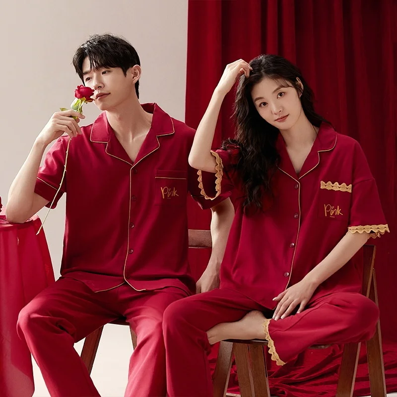 

Новый летний комплект домашней одежды из чистого хлопка для пар: красные пижамы с V-образным вырезом, коротким рукавом и длинными брюками для мужчин и женщин