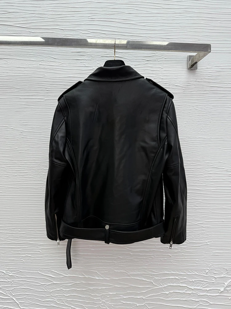 Spring Autumn Fashion Black Vintage Genuine Leather Jacket Women's Ulster Collar Zippers Multi Pocket Long Sleeve Belt Jacket